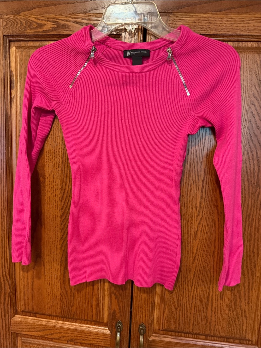 INC International Concepts Ribbed Long Sleeve Top with Dual Zippers - Hot Pink